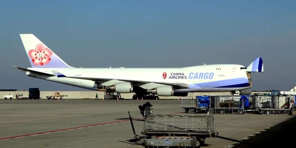China Airlines Cargo Boeing 747 freighter with its nose cargo door open on the loading apron